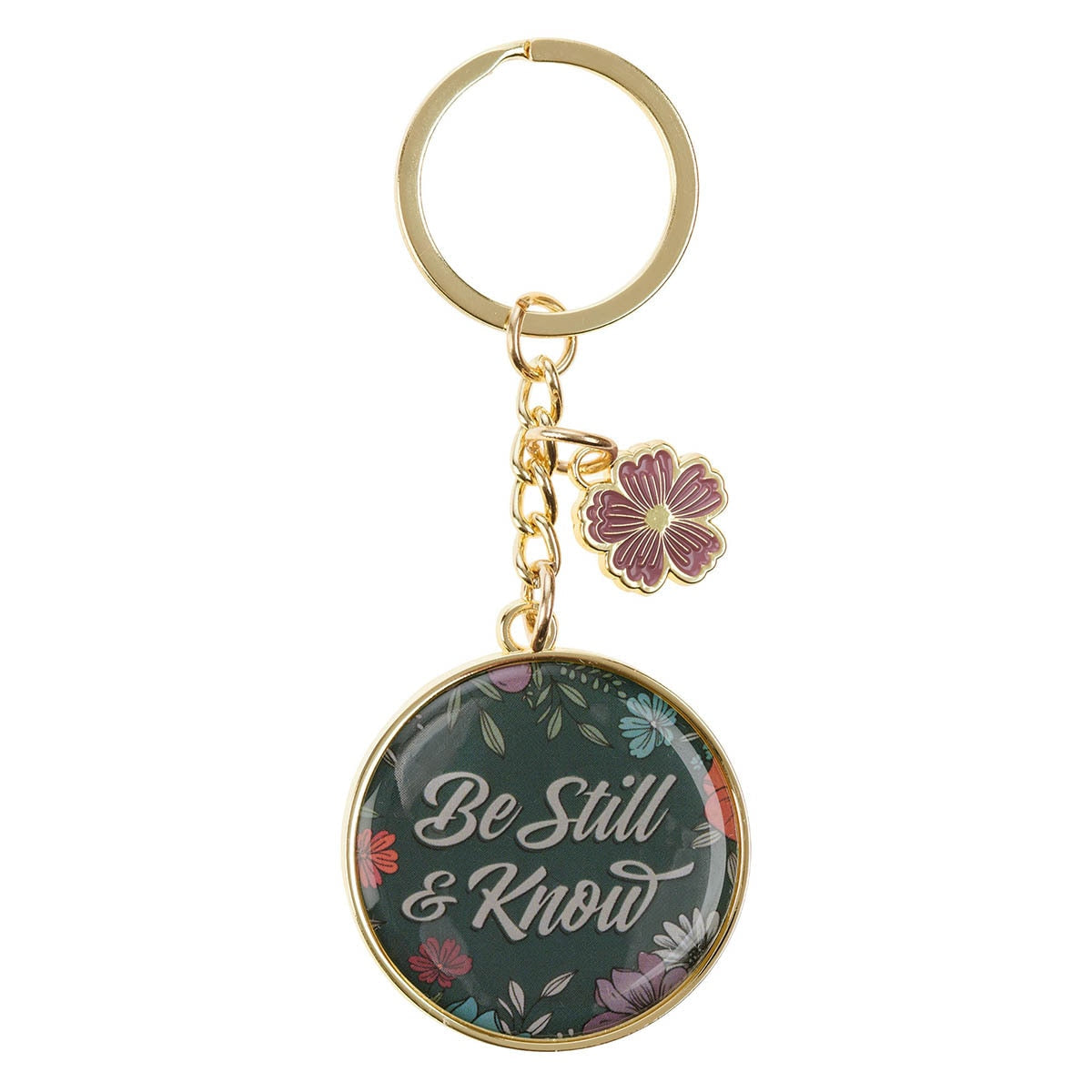 Be Still Teal Botanical Metal Keychain with Link Chain Medallion - Psalm 46:10 by Christian Art Gifts