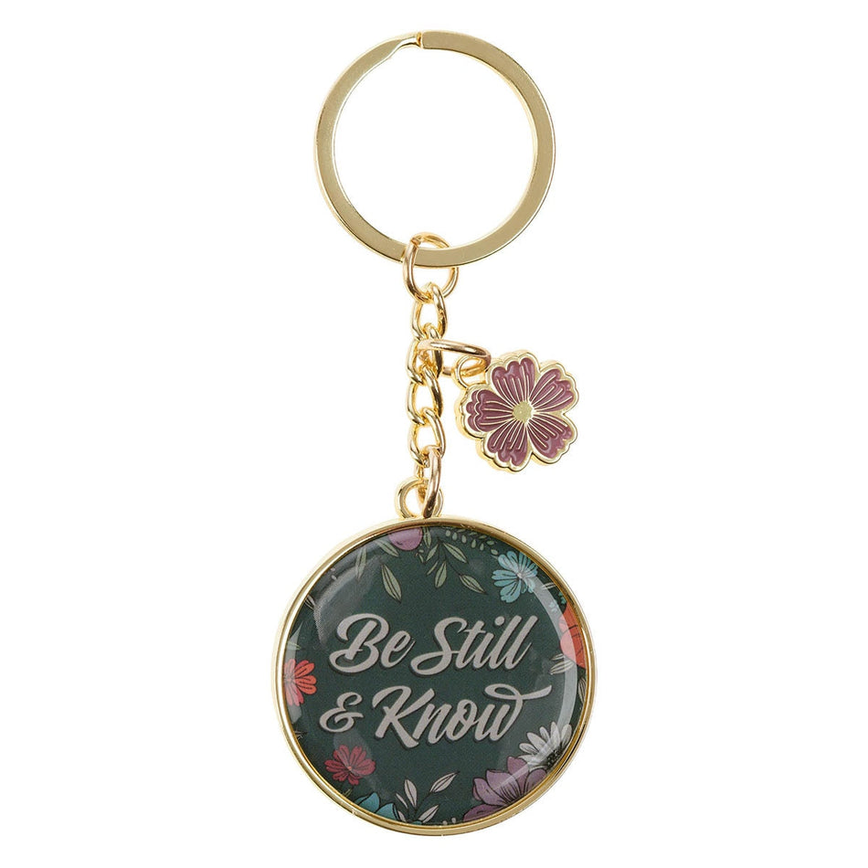 Be Still Teal Botanical Metal Keychain with Link Chain Medallion - Psalm 46:10 by Christian Art Gifts