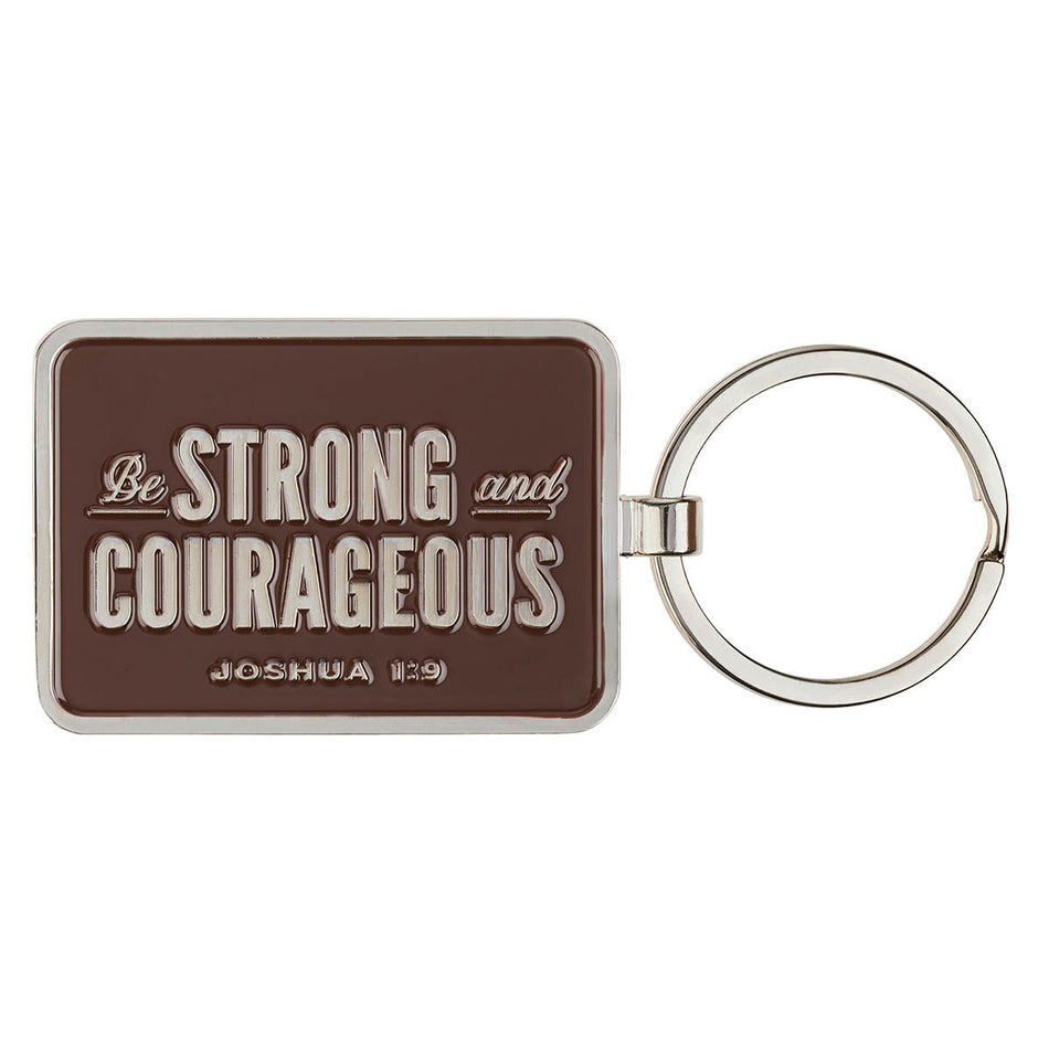 Be Strong and Courageous Brown Epoxy-filled Silver Metal Keychain - Joshua 1:9 by Christian Art Gifts