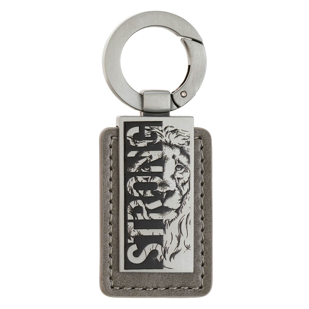 Strong Lion Gray Faux Leather and Silver Metal Keychain - Joshua 1:9 by Christian Art Gifts