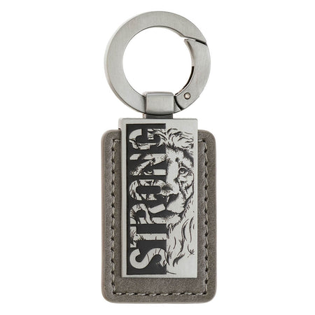 Strong Lion Gray Faux Leather and Silver Metal Keychain - Joshua 1:9 by Christian Art Gifts