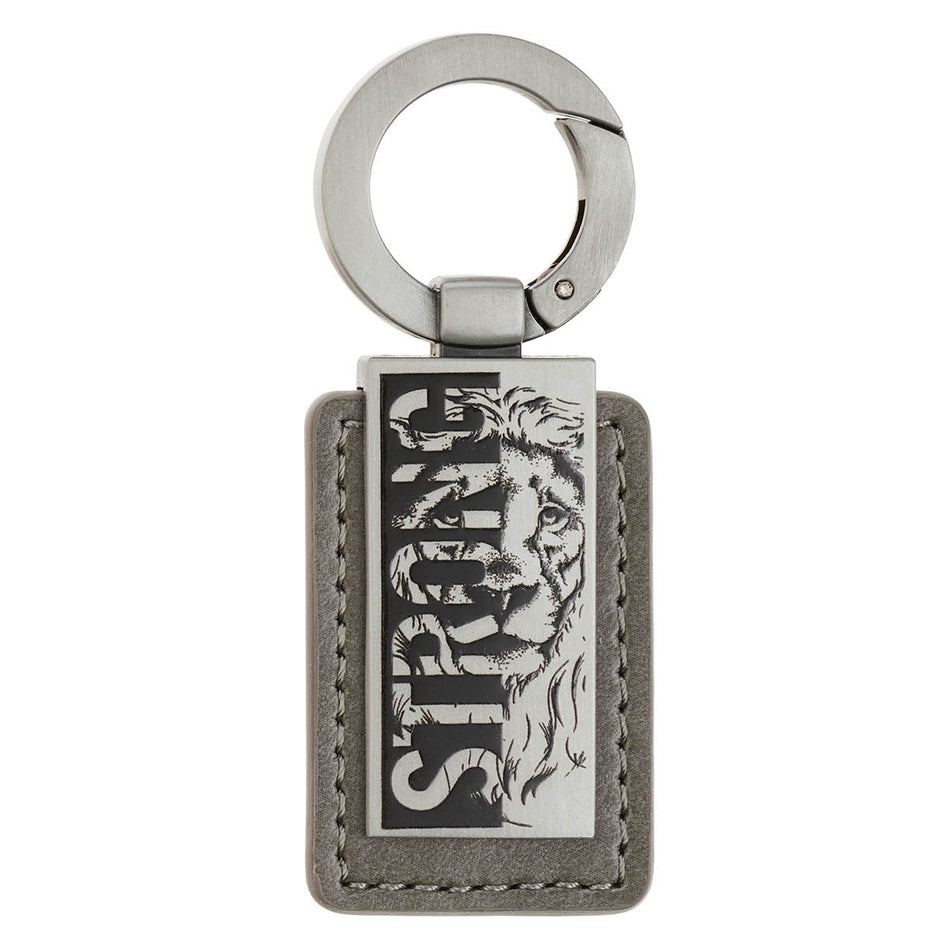 Strong Lion Gray Faux Leather and Silver Metal Keychain - Joshua 1:9 by Christian Art Gifts