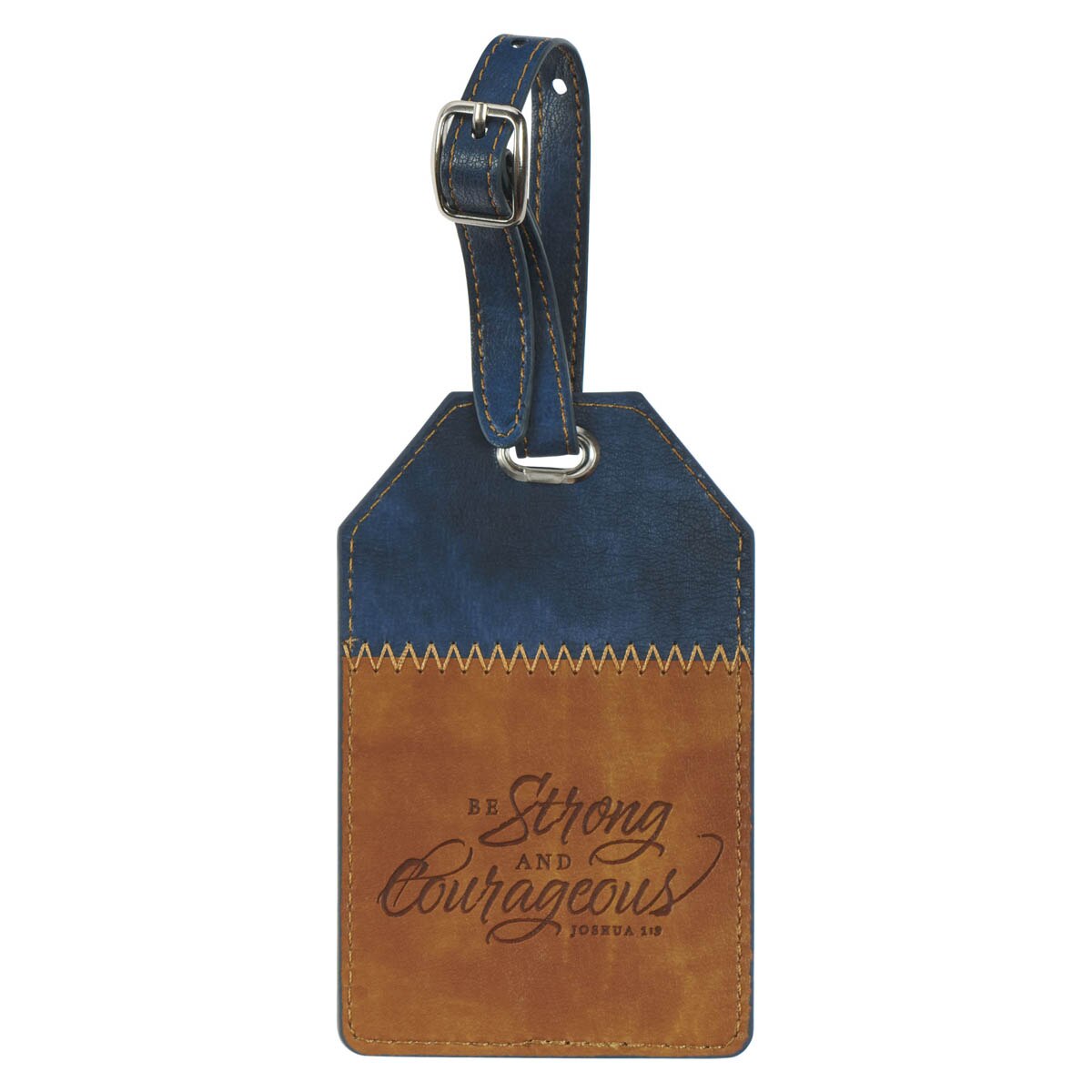 Strong and Courageous Butterscotch and Navy Faux Leather Luggage Tag - Joshua 1:9 by Christian Art Gifts