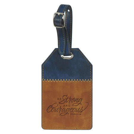 Strong and Courageous Butterscotch and Navy Faux Leather Luggage Tag - Joshua 1:9 by Christian Art Gifts