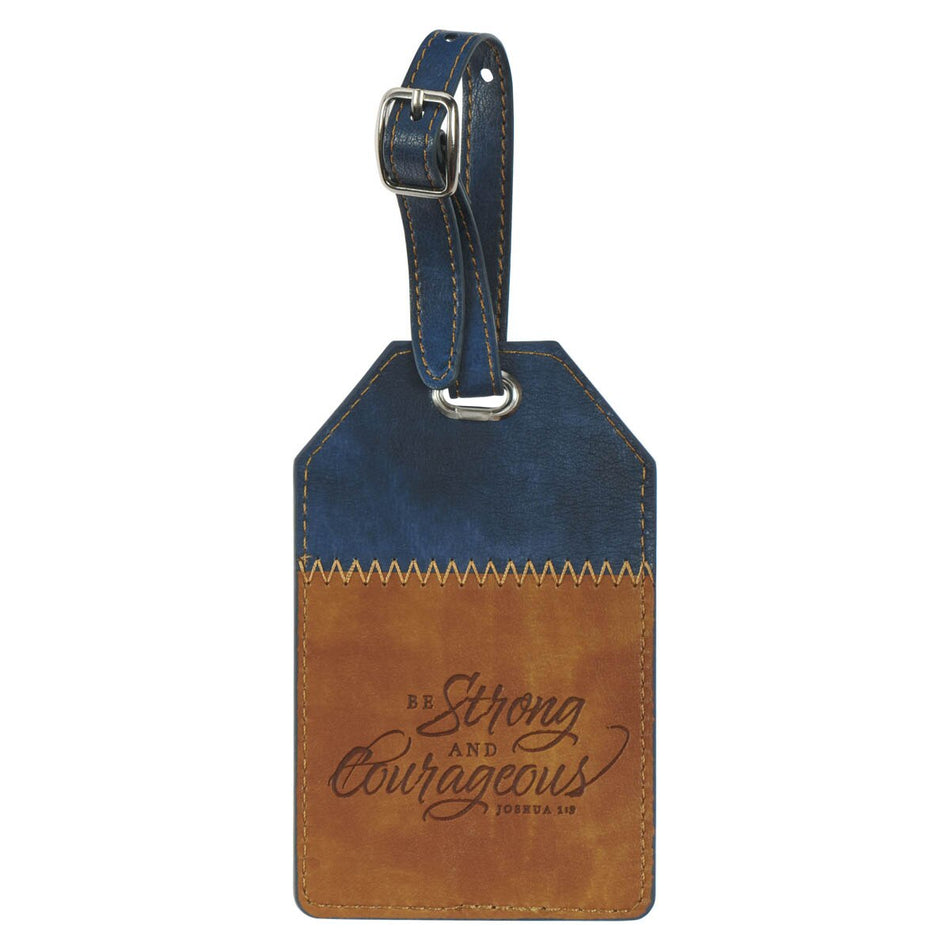 Strong and Courageous Butterscotch and Navy Faux Leather Luggage Tag - Joshua 1:9 by Christian Art Gifts