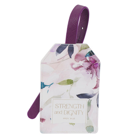 Strength and Dignity Purple Floral Faux Leather Luggage Tag - Proverbs 31:25 by Christian Art Gifts