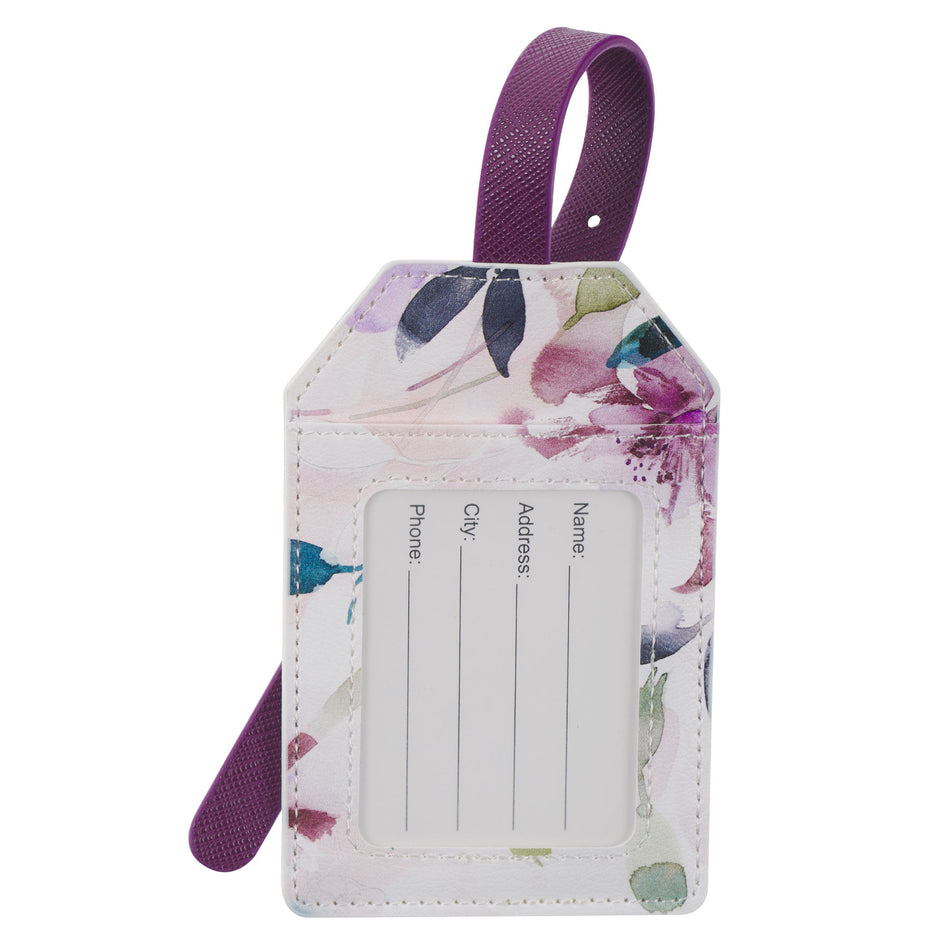 Strength and Dignity Purple Floral Faux Leather Luggage Tag - Proverbs 31:25 by Christian Art Gifts, product view 2
