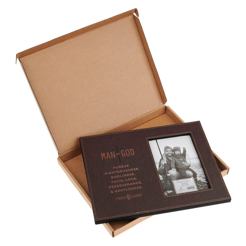 Man of God Brown Faux Leather Photo Frame - 1 Timothy 6:11 by Christian Art Gifts, product view 2