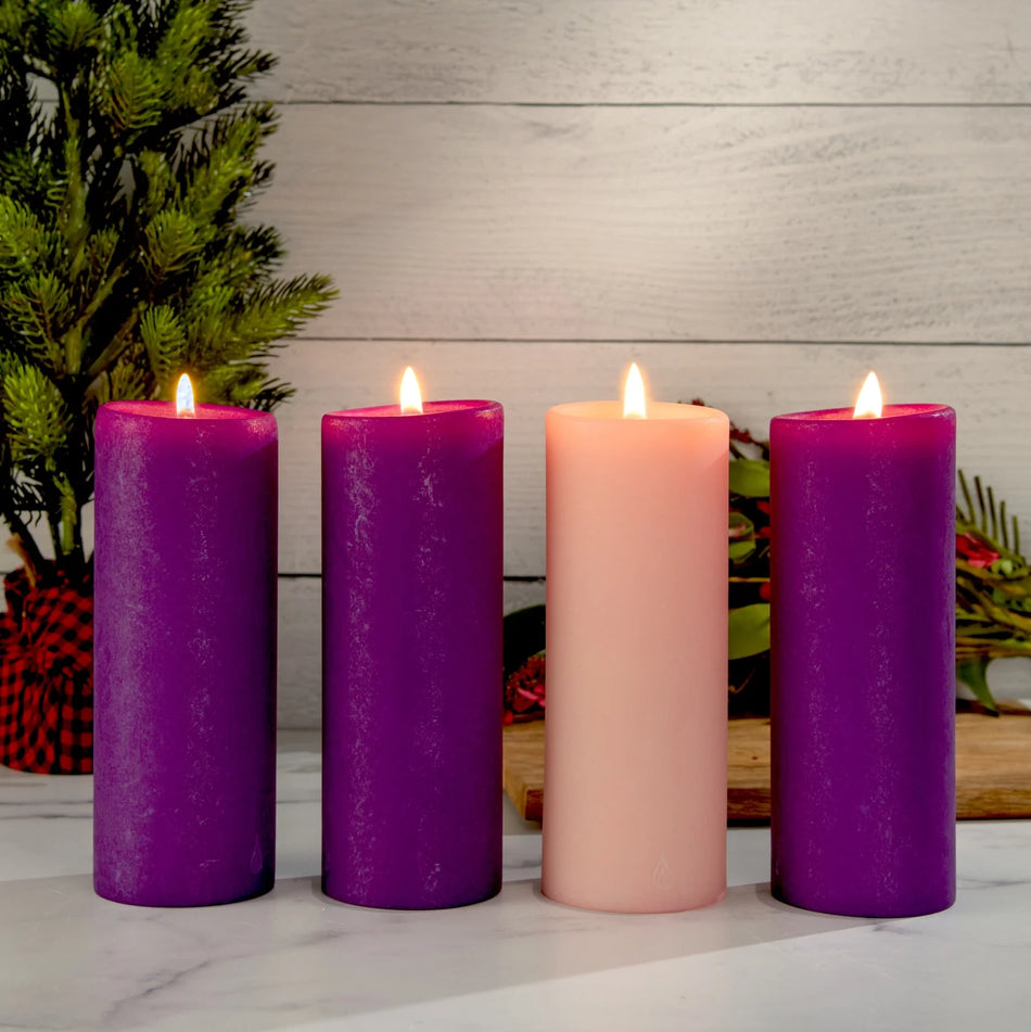 Refillable Advent Pillar Candle Set | 3 Purple + 1 Rose Pink | Heights: 4″  6″ or 8″