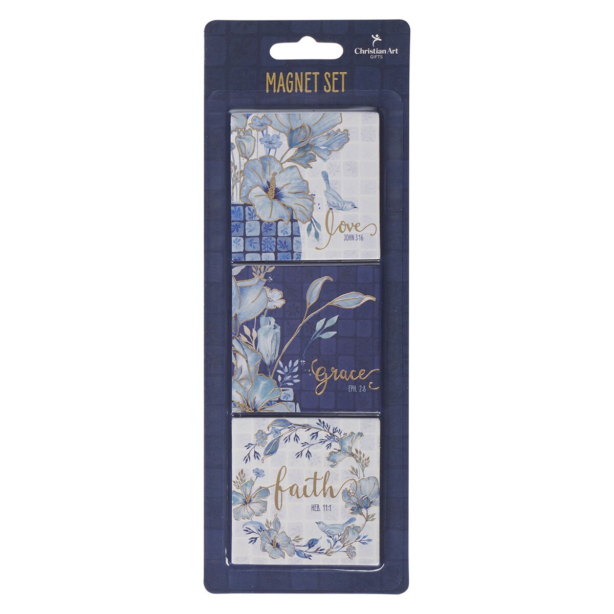 Love, Grace, Faith Blue Floral Tile Magnet Set by Christian Art Gifts