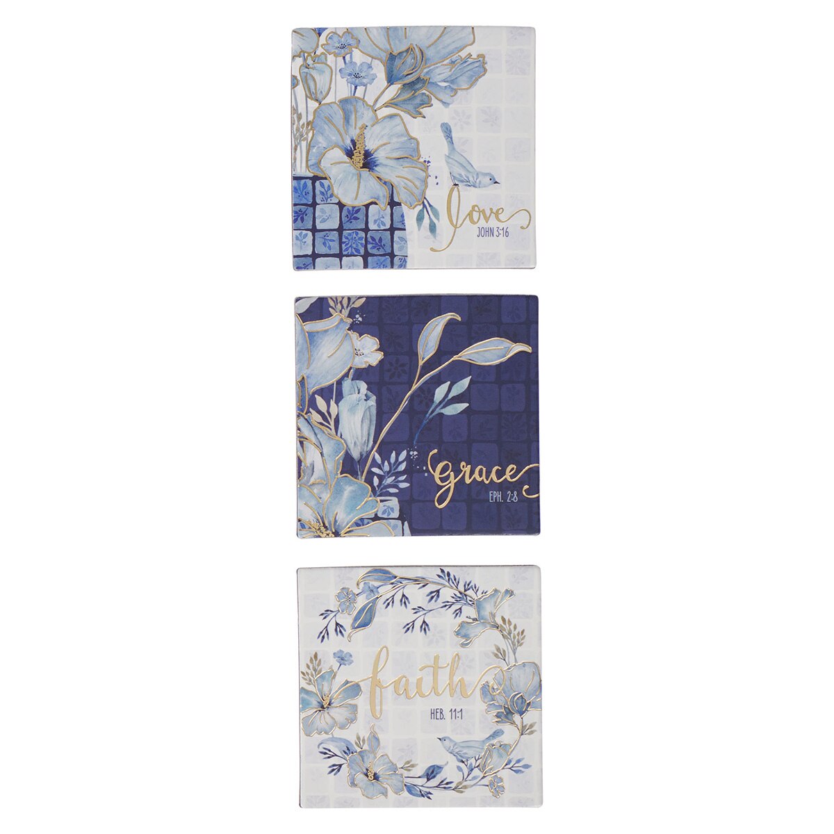 Love, Grace, Faith Blue Floral Tile Magnet Set by Christian Art Gifts, product view 2