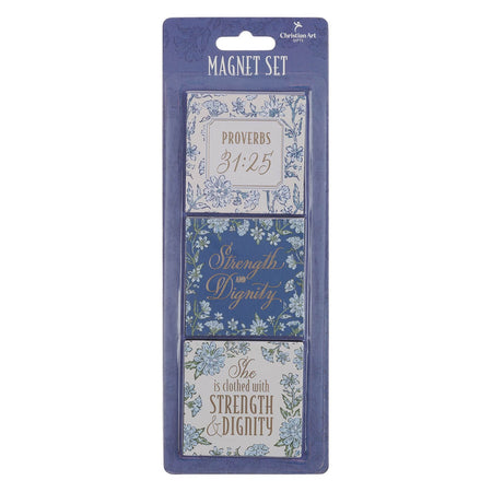 Strength and Dignity Blue Cottage Garden Magnet Set - Proverbs 31:25 by Christian Art Gifts