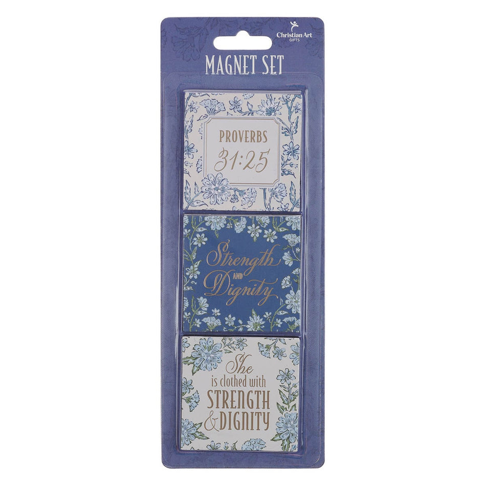 Strength and Dignity Blue Cottage Garden Magnet Set - Proverbs 31:25 by Christian Art Gifts