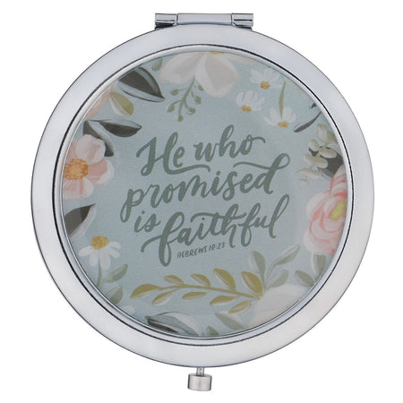 He Who Promised Silver Metal Compact Mirror - Hebrews 10:23 by Christian Art Gifts