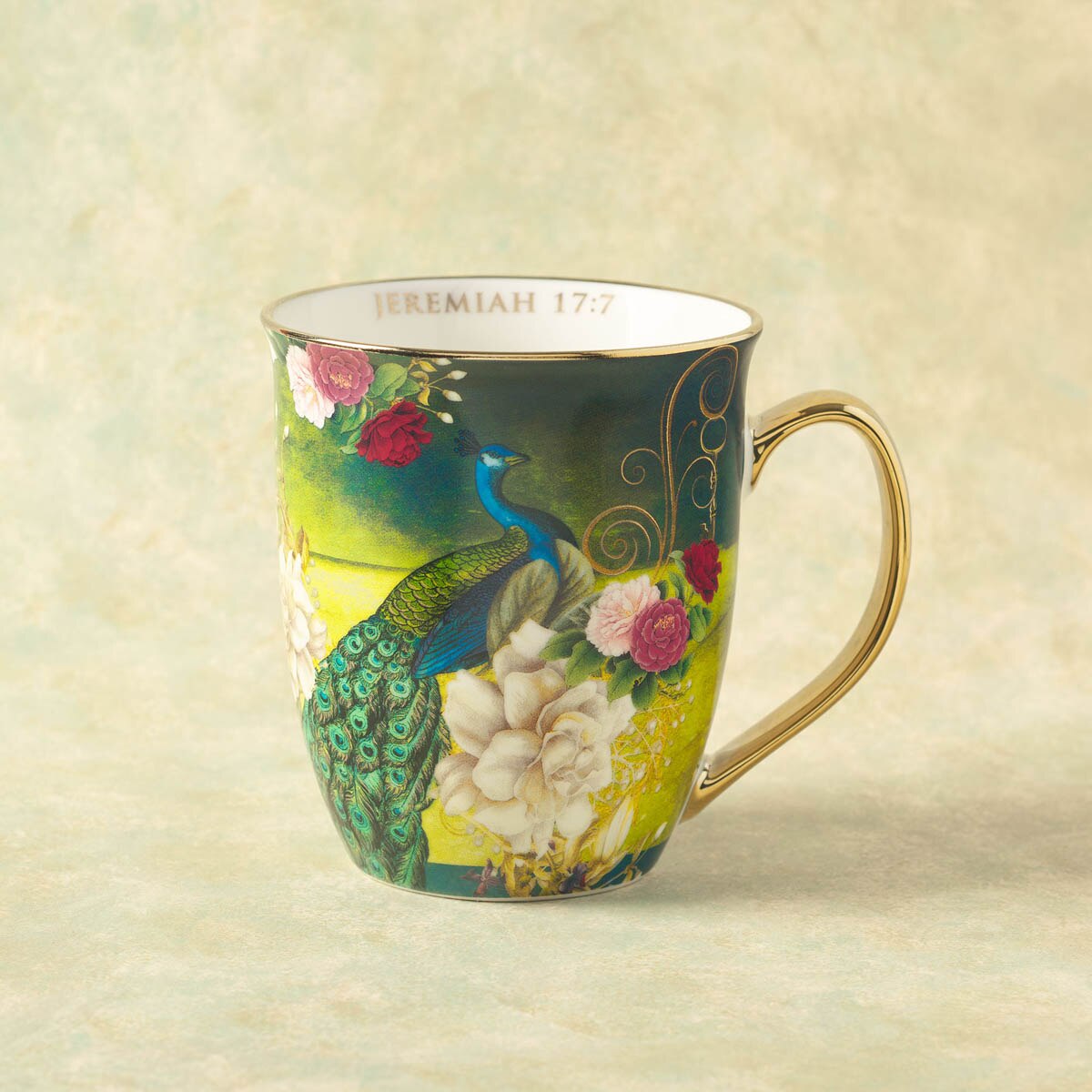 Blessed Blue Peacock Ceramic Coffee Mug - Jeremiah 17:7 by Christian Art Gifts, product view 4