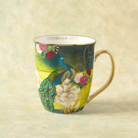 Blessed Blue Peacock Ceramic Coffee Mug - Jeremiah 17:7 by Christian Art Gifts, product view 4
