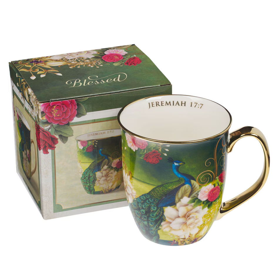 Blessed Blue Peacock Ceramic Coffee Mug - Jeremiah 17:7 by Christian Art Gifts, product view 2