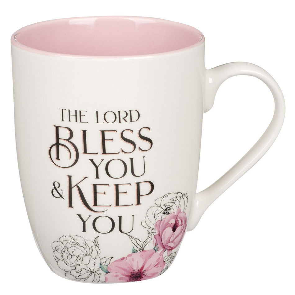 Bless You and Keep You Pink Floral Ceramic Coffee Mug - Numbers 6:24 Image Back