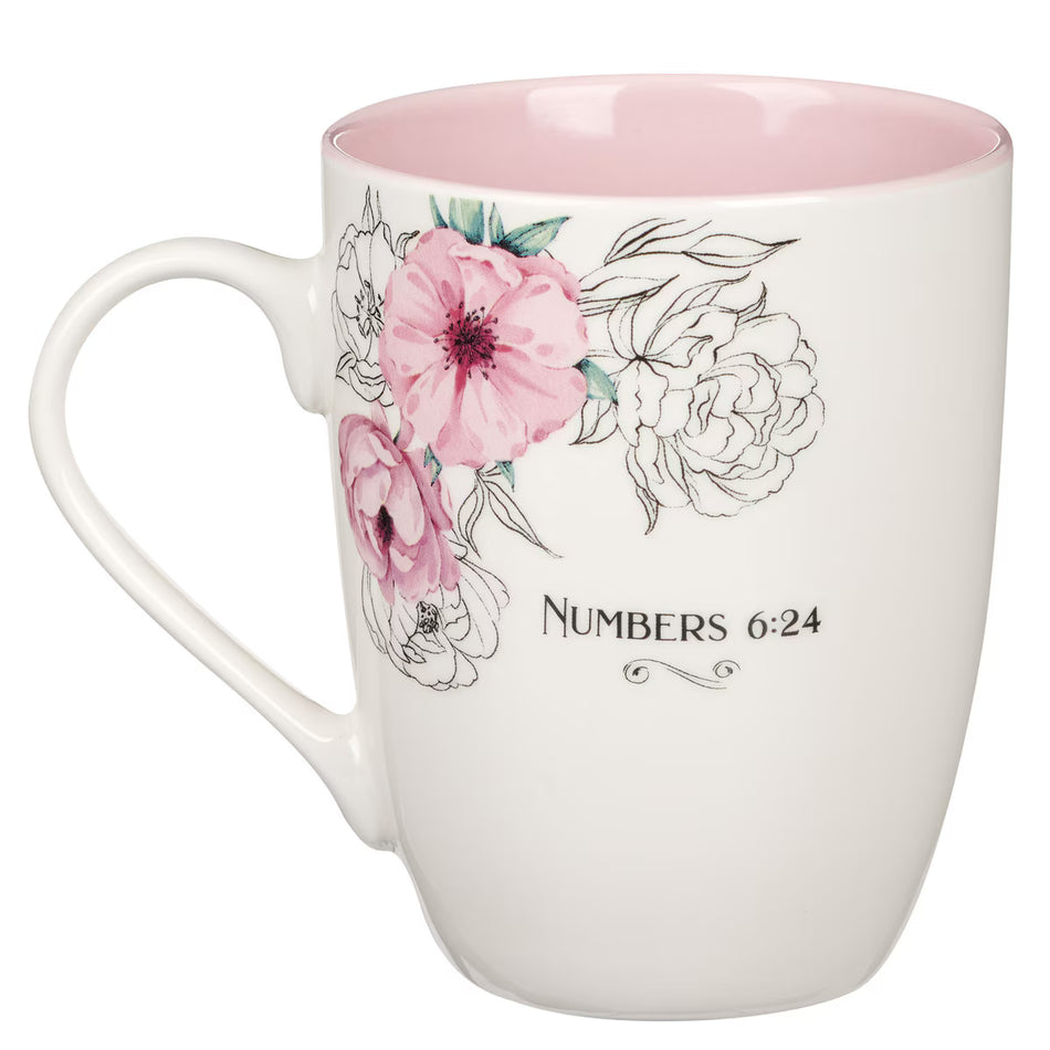 Bless You and Keep You Pink Floral Ceramic Coffee Mug - Numbers 6:24 Image Back