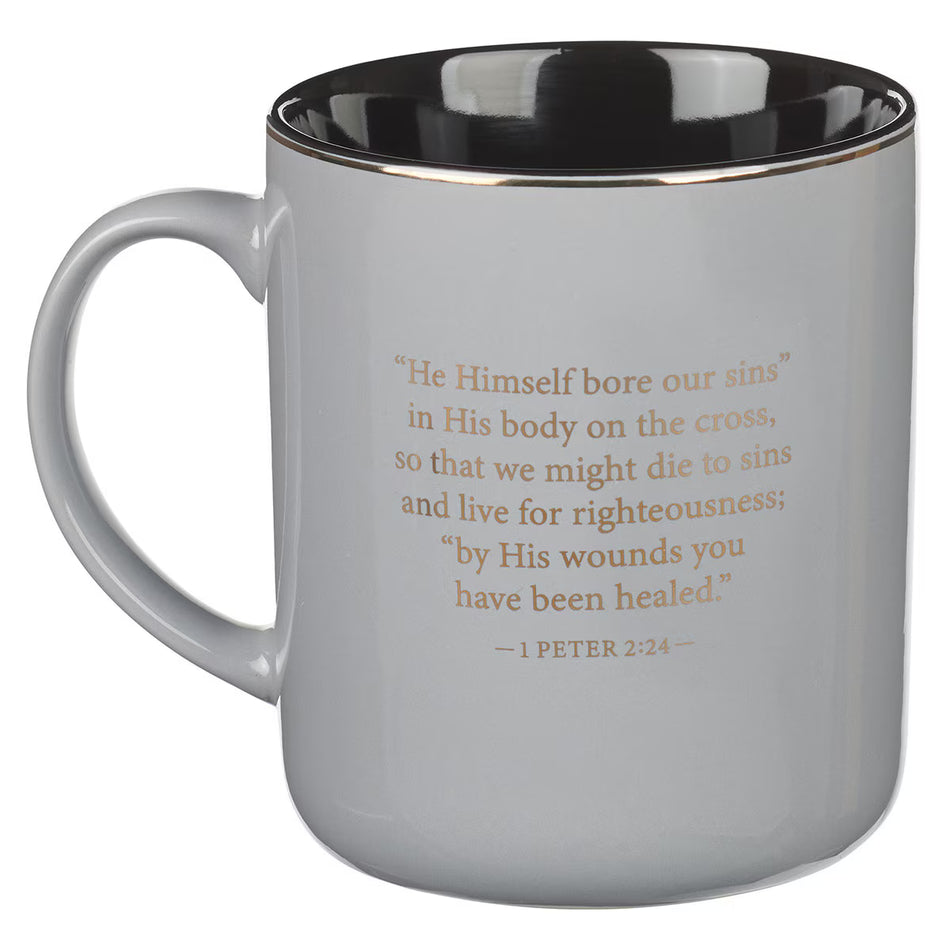 Gray Ceramic Coffee Mug with Metal Cross Inlay