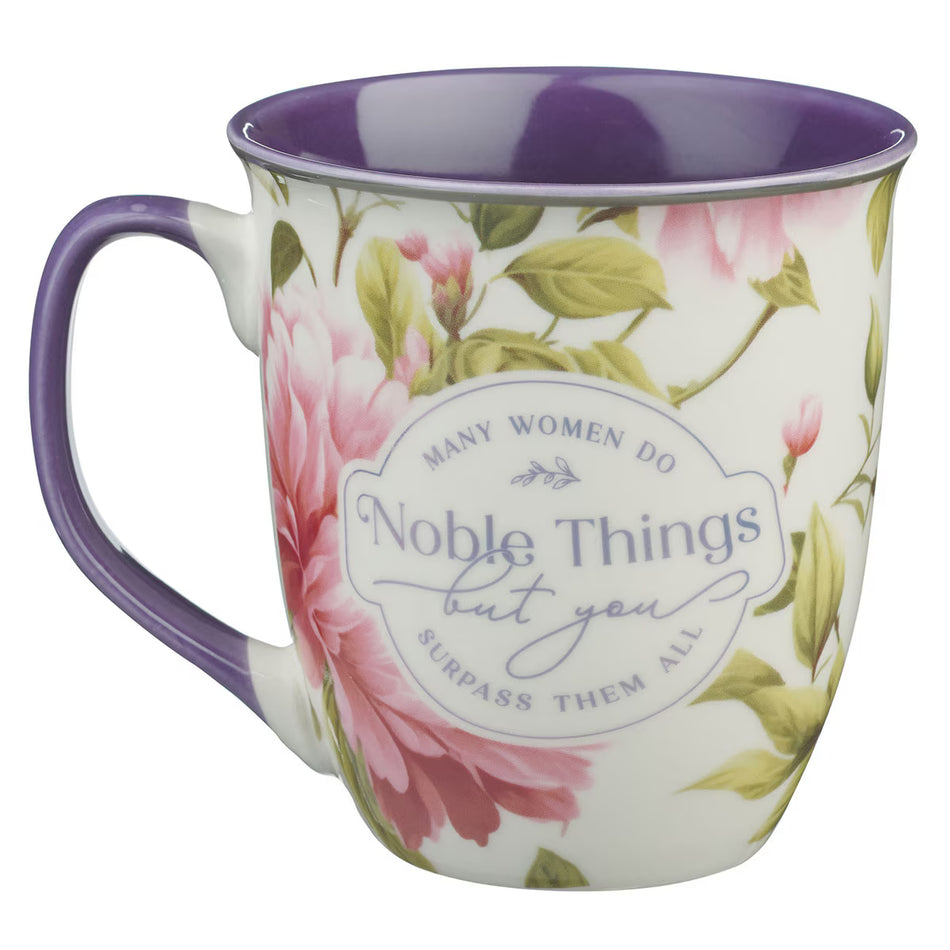 Noble Things Pink Peony Ceramic Coffee Mug - Proverbs 31:25