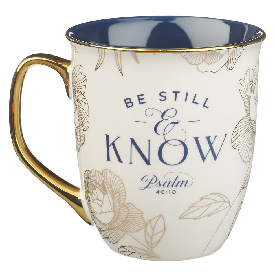 Be Still and Know Blue and Gold Floral Ceramic Mug - Psalm 46:10
