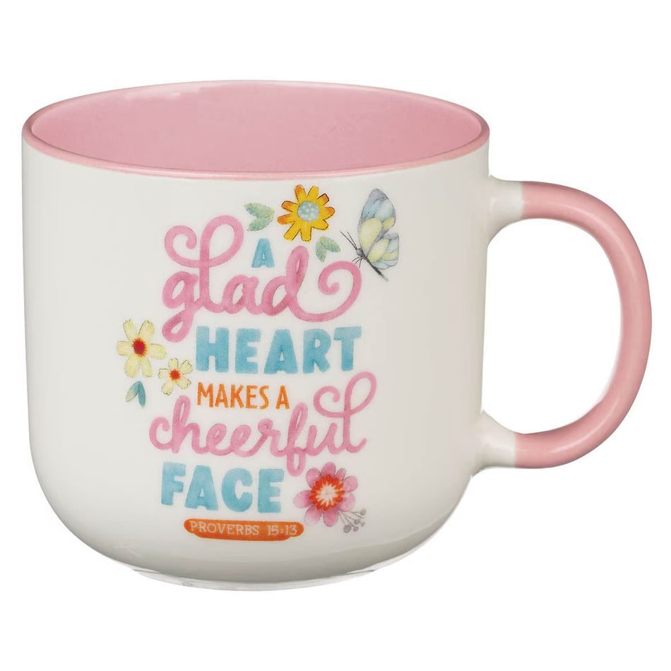 A Glad Heart Makes a Cheerful Face Pink Ceramic Mug - Proverbs 15:13