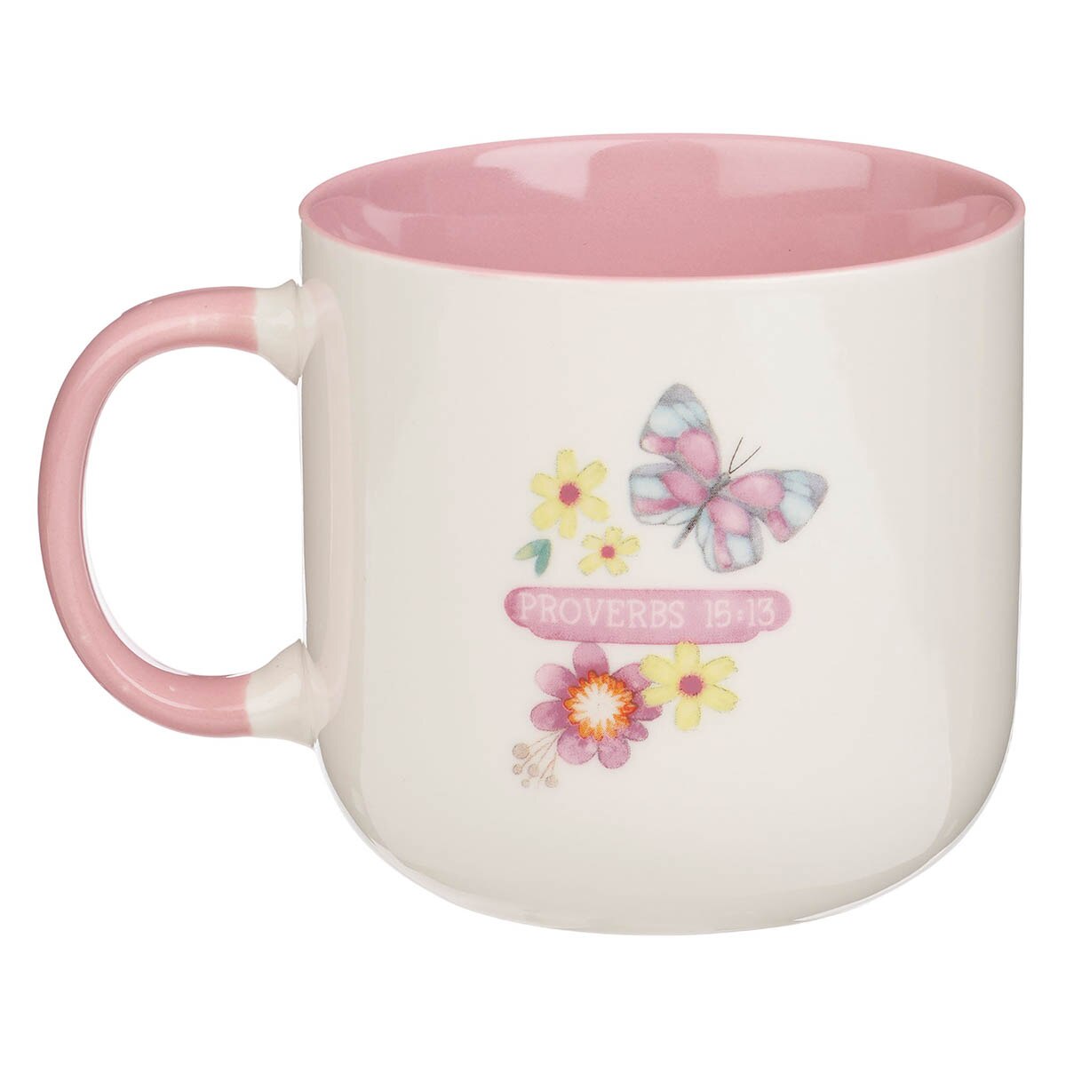 A Glad Heart Makes a Cheerful Face Pink Ceramic Mug - Proverbs 15:13 by Christian Art Gifts, product view 2