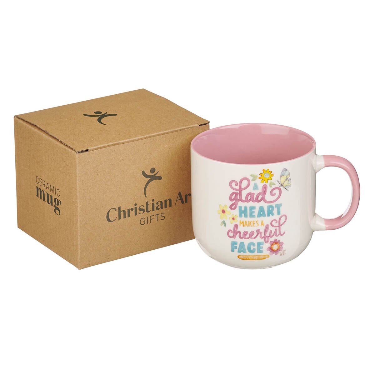A Glad Heart Makes a Cheerful Face Pink Ceramic Mug - Proverbs 15:13 by Christian Art Gifts, product view 3