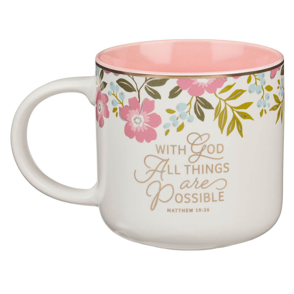 Things Are Possible Pink Poppy Ceramic Coffee Mug - Matthew 19:26 by Christian Art Gifts, product view 2