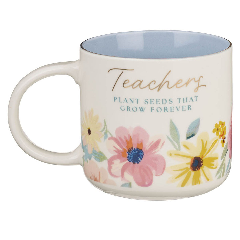 Teachers Plant Seeds Blue Floral Ceramic Coffee Mug by Christian Art Gifts, product view 2