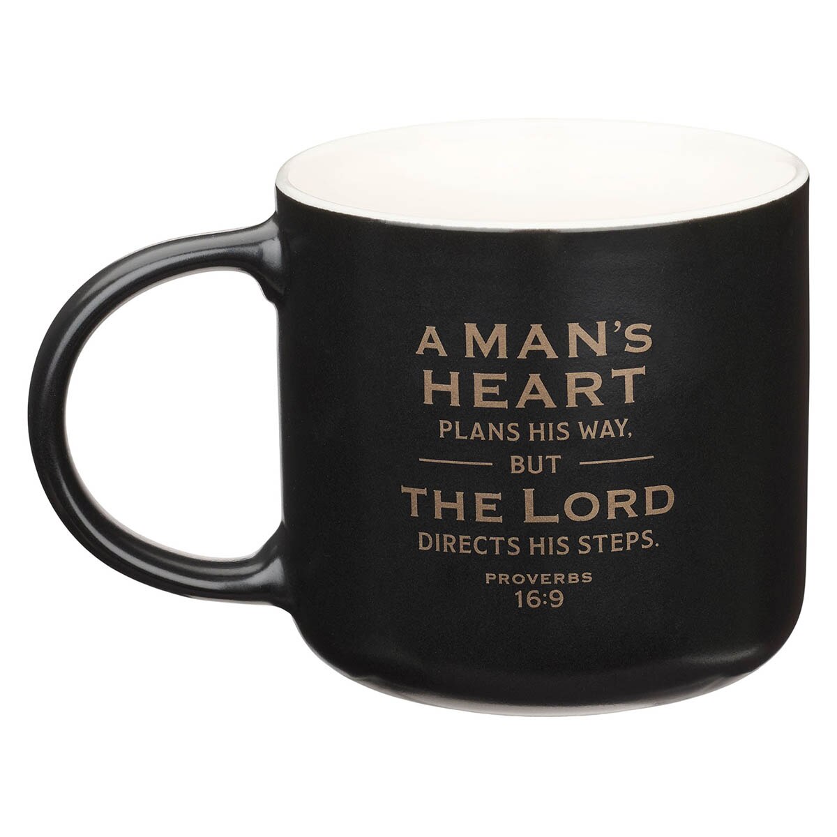 A Man's Heart Black Ceramic Coffee Mug - Proverbs 16:9 by Christian Art Gifts, product view 2