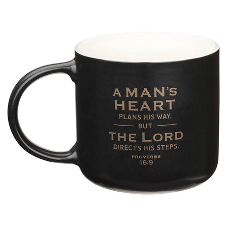 A Man's Heart Black Ceramic Coffee Mug - Proverbs 16:9 by Christian Art Gifts, product view 2