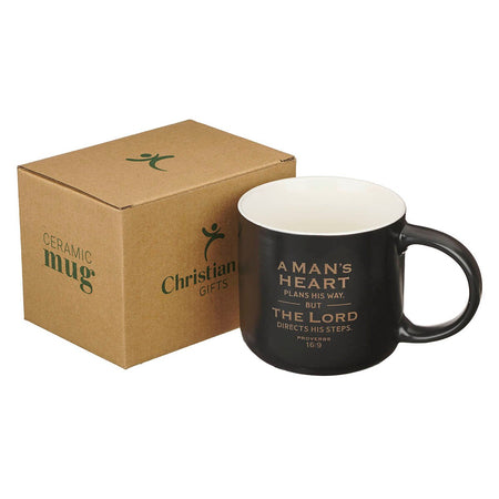 A Man's Heart Black Ceramic Coffee Mug - Proverbs 16:9 by Christian Art Gifts, product view 3