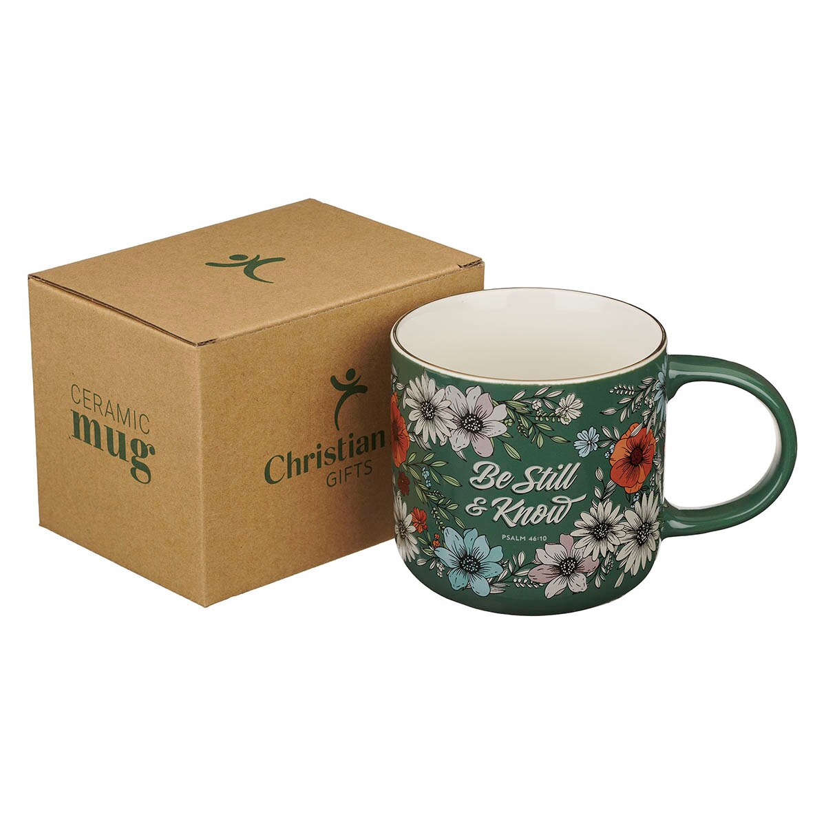 Be Still Teal Botanical Ceramic Coffee Mug - Psalm 46:10 by Christian Art Gifts, product view 3