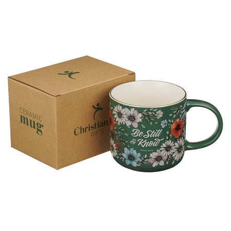 Be Still Teal Botanical Ceramic Coffee Mug - Psalm 46:10 by Christian Art Gifts, product view 3
