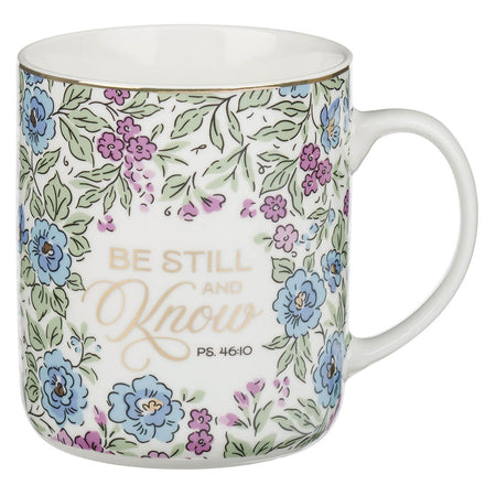 Be Still and Know Purple Trio Floral Ceramic Coffee Mug - Psalm 46:10 by Christian Art Gifts