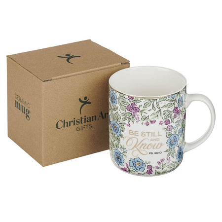 Be Still and Know Purple Trio Floral Ceramic Coffee Mug - Psalm 46:10 by Christian Art Gifts, product view 3