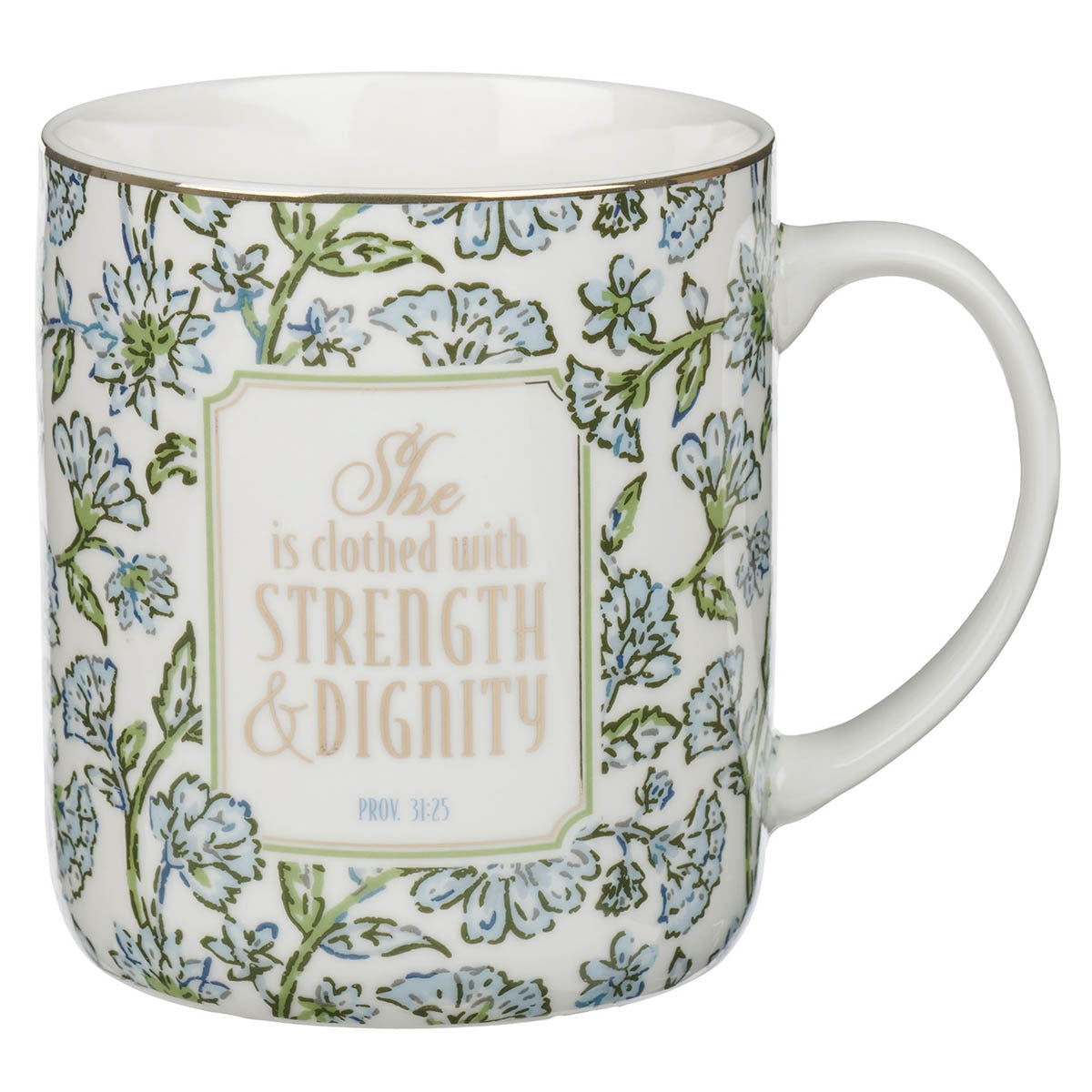 Strength and Dignity Blue Cottage Garden Ceramic Coffee Mug - Proverbs 31:25 by Christian Art Gifts