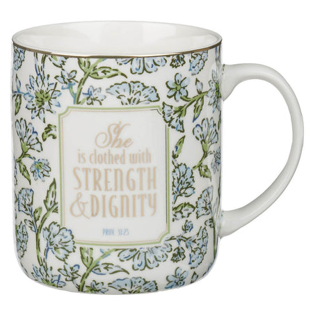 Strength and Dignity Blue Cottage Garden Ceramic Coffee Mug - Proverbs 31:25 by Christian Art Gifts