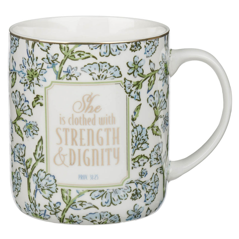 Strength and Dignity Blue Cottage Garden Ceramic Coffee Mug - Proverbs 31:25 by Christian Art Gifts