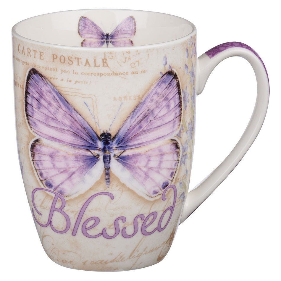 Blessed Purple Butterfly Coffee Mug - Jeremiah 17:7 by Christian Art Gifts