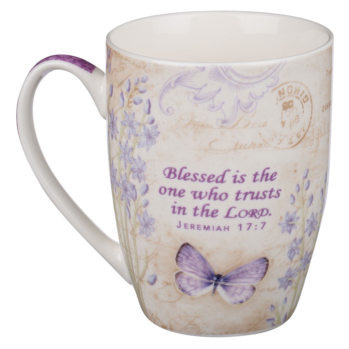 Blessed Purple Butterfly Coffee Mug - Jeremiah 17:7 by Christian Art Gifts, product view 2