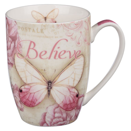 Believe Pink Butterfly Coffee Mug - Mark 9:23 by Christian Art Gifts