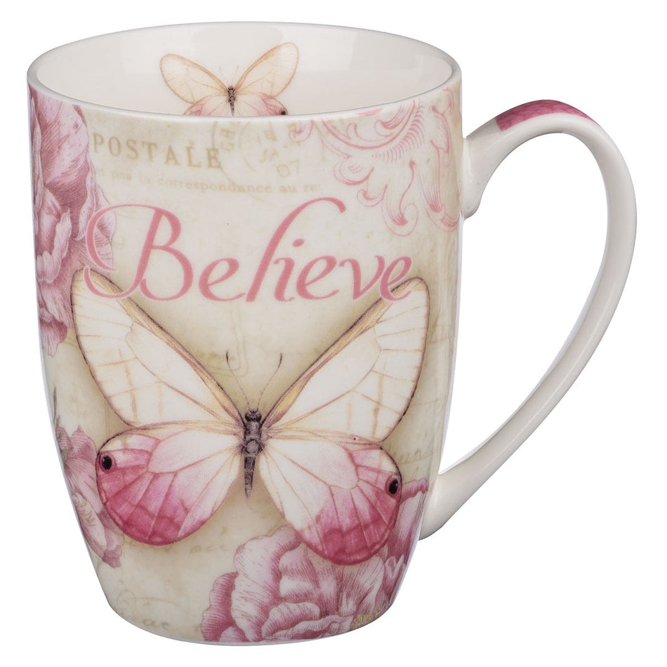 Believe Pink Butterfly Coffee Mug - Mark 9:23 by Christian Art Gifts