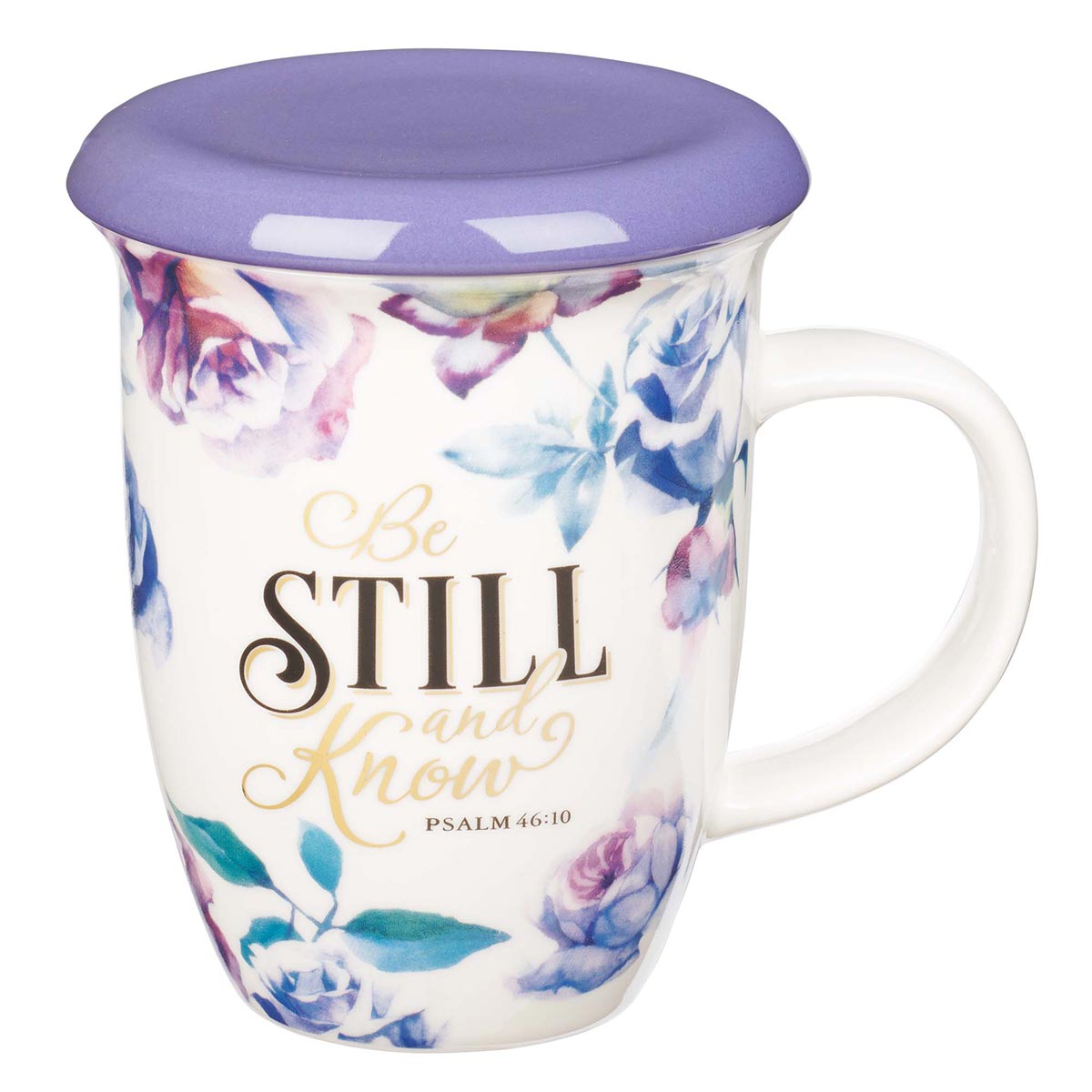 Be Still and Know Lidded Ceramic Mug in Purple - Psalm 46:10 by Christian Art Gifts