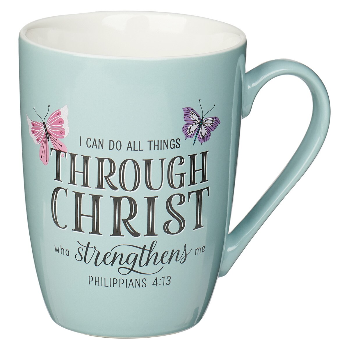 Through Christ Blue Butterfly Ceramic Coffee Mug – Philippians 4:13 by Christian Art Gifts
