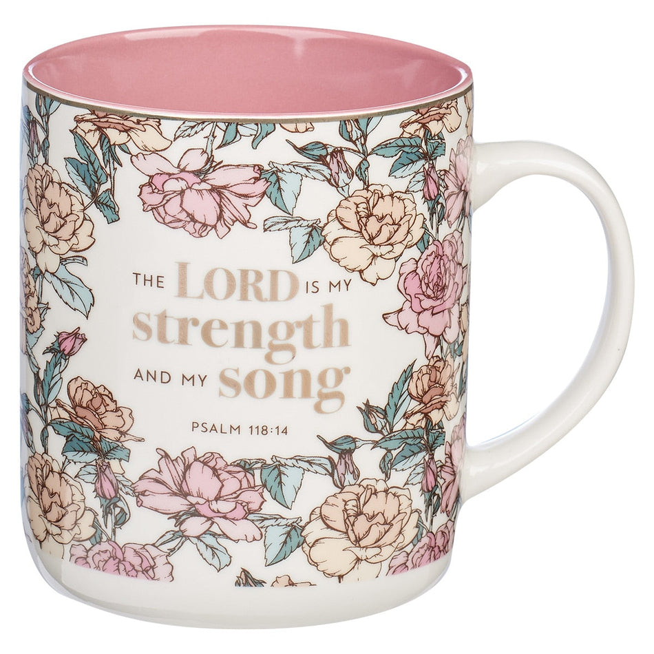 My Strength and My Song Pink Rose Ceramic Coffee Mug - Psalm 118:14 by Christian Art Gifts