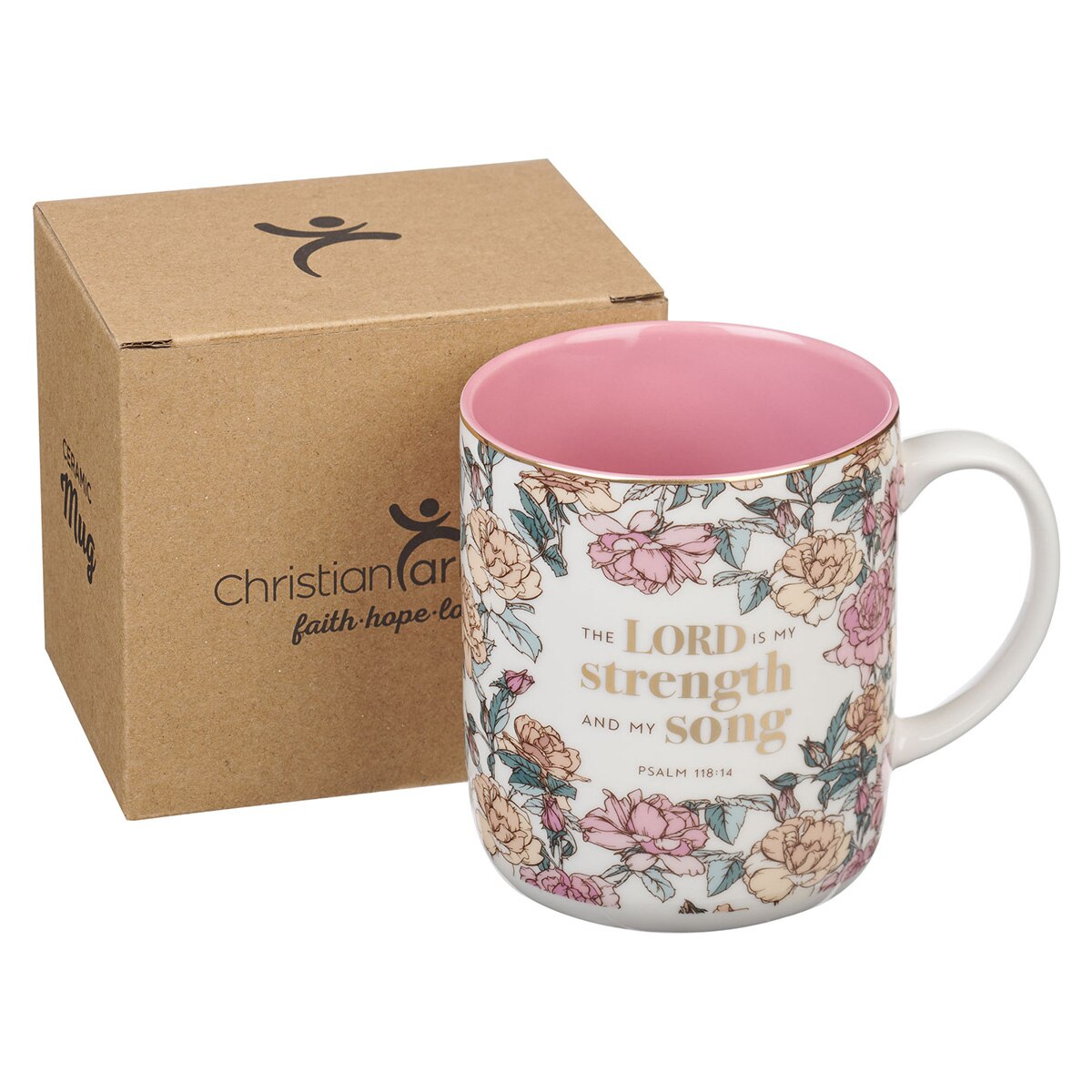 My Strength and My Song Pink Rose Ceramic Coffee Mug - Psalm 118:14 by Christian Art Gifts, product view 3
