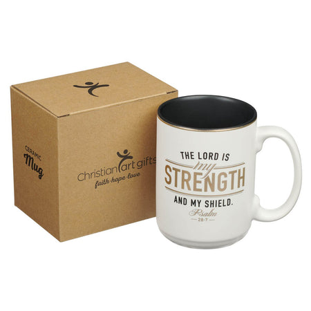 Strength and Shield White and Black Ceramic Coffee Mug - Psalm 28:7 by Christian Art Gifts, product view 5